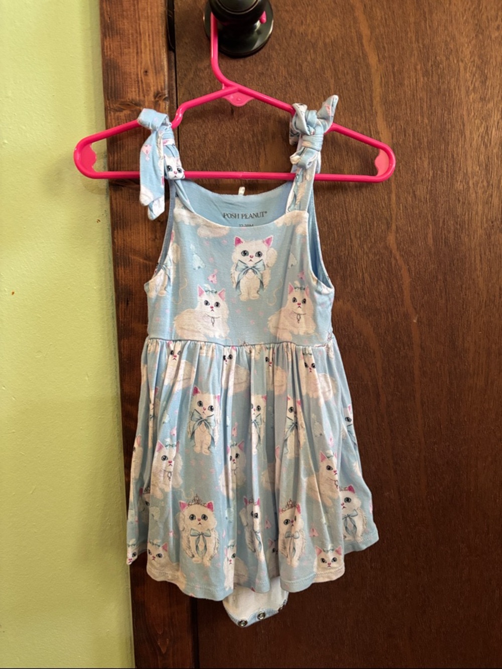Posh Peanut Light Blue Kitty Print Tie-Strap Dress